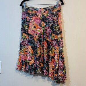 Asymmetrical Hem Mesh Fringe Burnout Fabric Floral Y2K Flowy Midi Skirt, Small